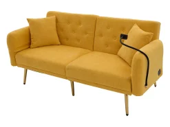 Hauss Spole Sofá descapotável de 2 lugares com 2 portas USB, suporte para telemóvel e bolsos laterais 173x78x78cm Amarelo