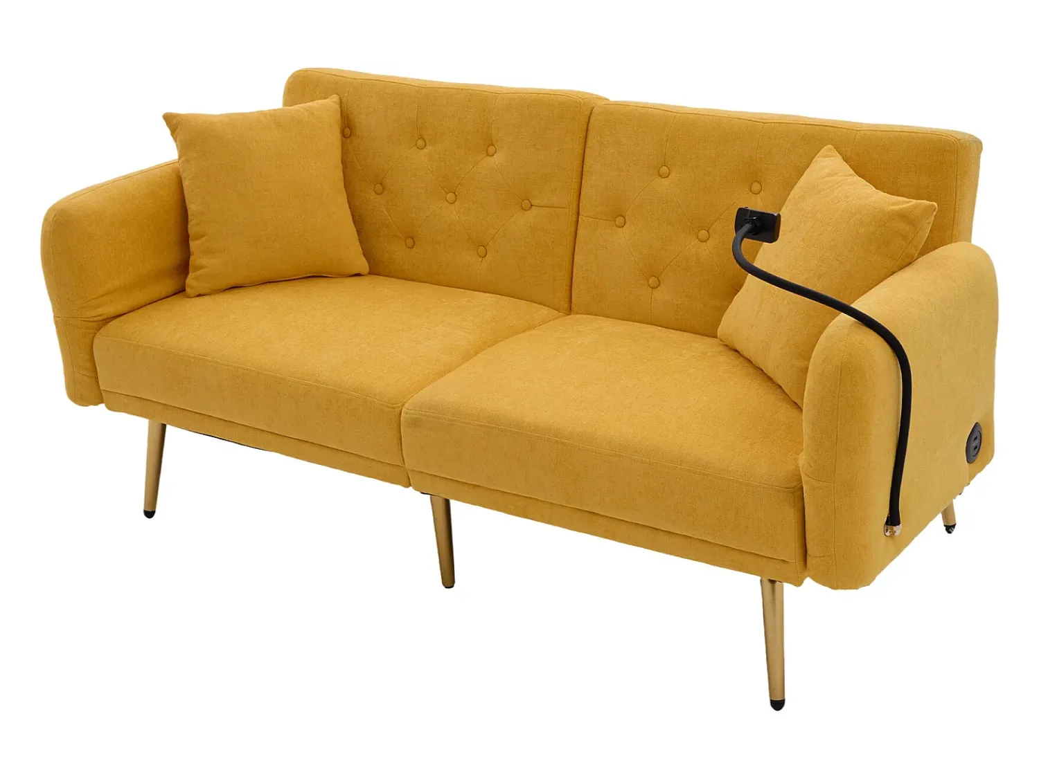 Hauss Spole Sofá descapotável de 2 lugares com 2 portas USB, suporte para telemóvel e bolsos laterais 173x78x78cm Amarelo
