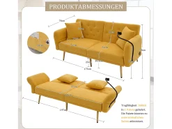 Hauss Spole Sofá descapotável de 2 lugares com 2 portas USB, suporte para telemóvel e bolsos laterais 173x78x78cm Amarelo