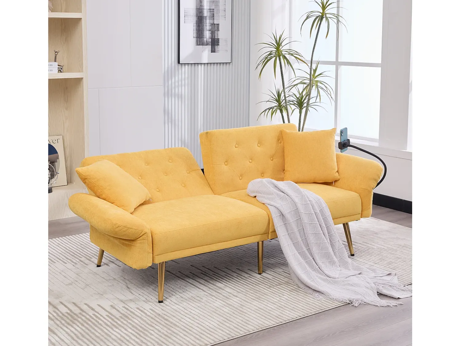 Hauss Spole Sofá descapotável de 2 lugares com 2 portas USB, suporte para telemóvel e bolsos laterais 173x78x78cm Amarelo