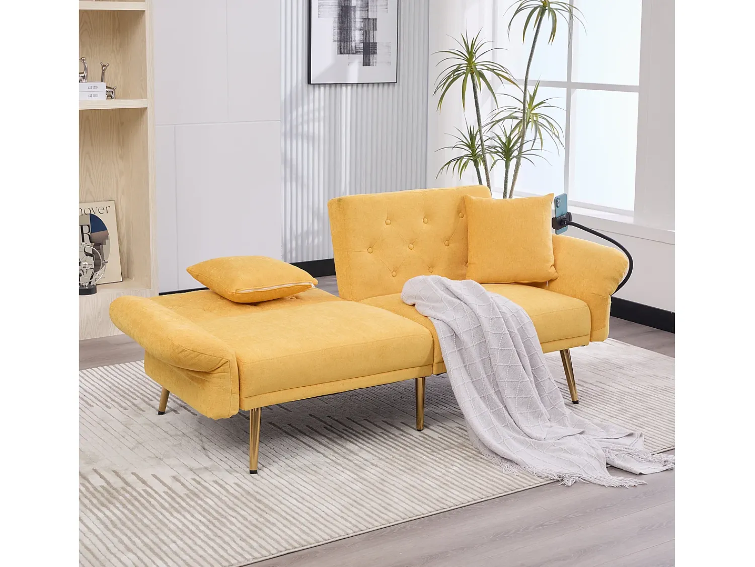 Hauss Spole Sofá descapotável de 2 lugares com 2 portas USB, suporte para telemóvel e bolsos laterais 173x78x78cm Amarelo