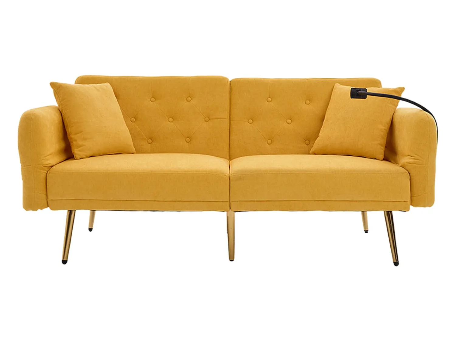 Hauss Spole Sofá descapotável de 2 lugares com 2 portas USB, suporte para telemóvel e bolsos laterais 173x78x78cm Amarelo