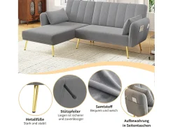 Sofá*Merax Sofá dobrável de 3 lugares - 191,5 x 130 x 80 cm - sofá de canto com função de cama - veludo - cinza Cinzento