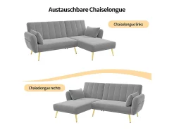 Sofá*Merax Sofá dobrável de 3 lugares - 191,5 x 130 x 80 cm - sofá de canto com função de cama - veludo - cinza Cinzento
