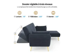 New Merax Sofá dobrável de 3 lugares - 191,5 x 130 x 80 cm - sofá de canto com função de dormir - veludo - Preto