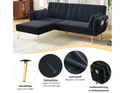 New Merax Sofá dobrável de 3 lugares - 191,5 x 130 x 80 cm - sofá de canto com função de dormir - veludo - Preto