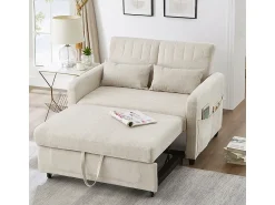 Sofá*KOMHTOM Sofá dobrável de dois lugares, design dobrável, costas ajustáveis, tecido de algodão e linho, Bege