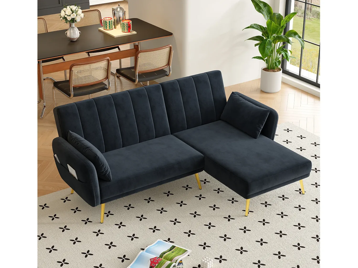 Sofá|ModernLuxe Sofá dobrável moderno - Sofá em L - Sofá-cama com canto adicional - Preto