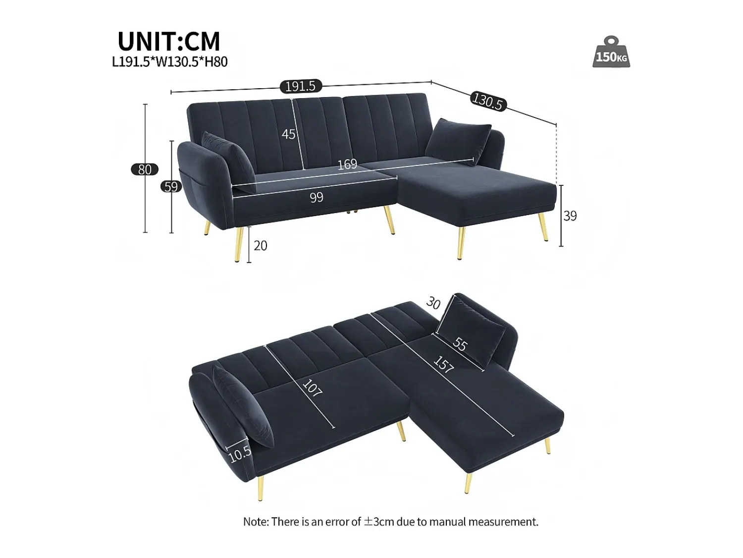 Sofá|ModernLuxe Sofá dobrável moderno - Sofá em L - Sofá-cama com canto adicional - Preto