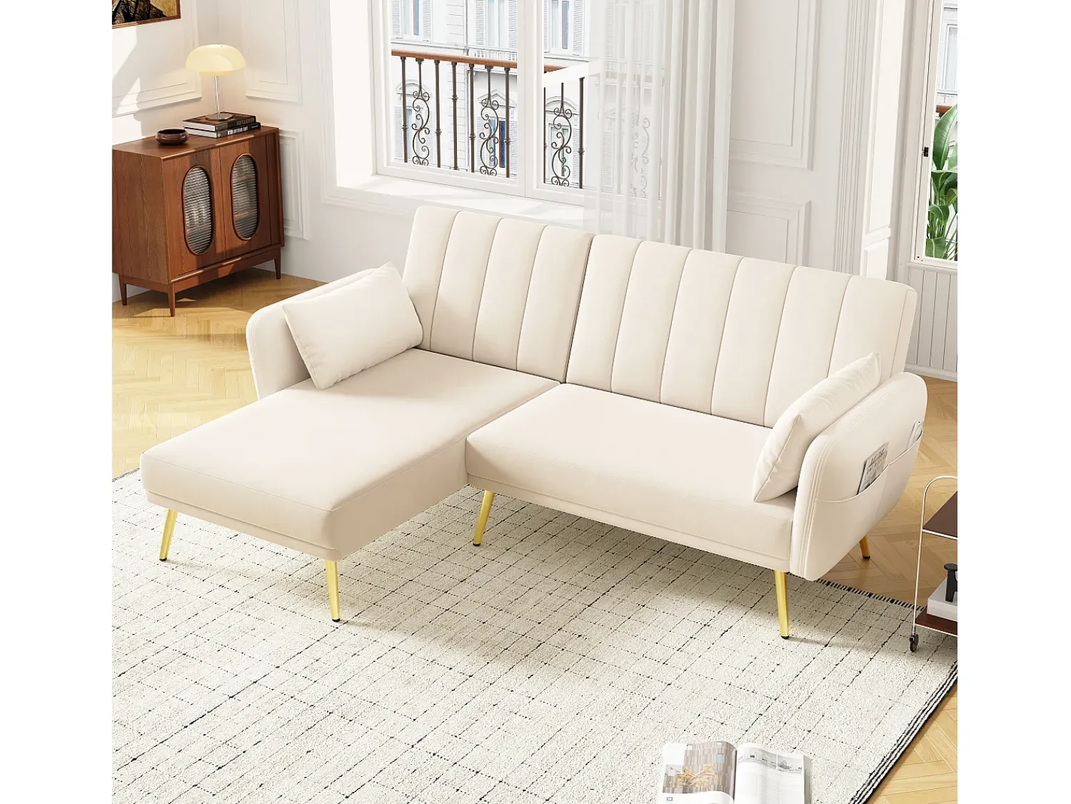 Sofá|ModernLuxe Sofá dobrável moderno - Sofá em L - Sofá-cama com canto adicional - Bege