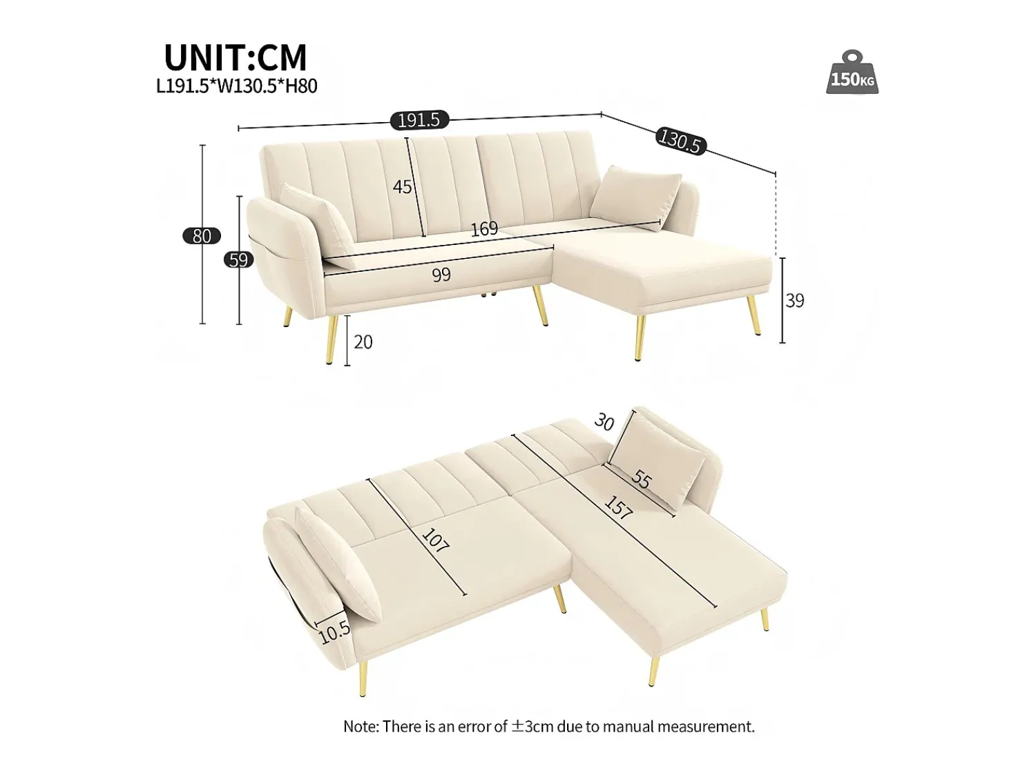Sofá|ModernLuxe Sofá dobrável moderno - Sofá em L - Sofá-cama com canto adicional - Bege