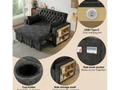 ModernLuxe Sofá dobrável moderno para 2 pessoas - com porta-copos - com portas de carregamento USB - com almofadas - tecido de pelúcia - Cinza^ Sofá