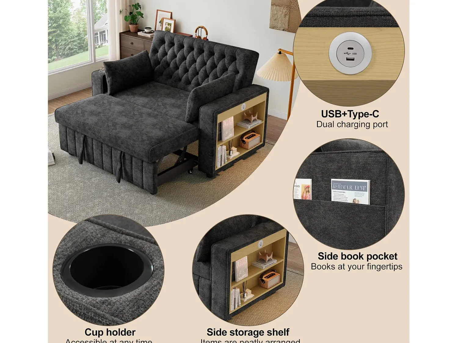 ModernLuxe Sofá dobrável moderno para 2 pessoas - com porta-copos - com portas de carregamento USB - com almofadas - tecido de pelúcia - Cinza^ Sofá