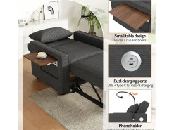 New ModernLuxe Sofá dobrável multifuncional - com portas de carregamento USB - com suporte para telefone - Tecido de veludo cotelê - Cinza Cinzento