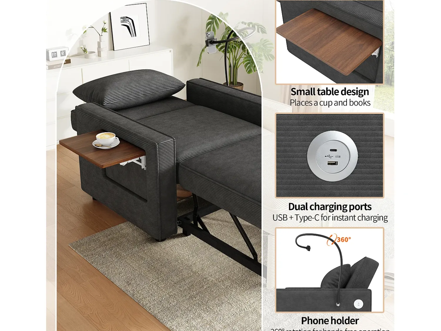 New ModernLuxe Sofá dobrável multifuncional - com portas de carregamento USB - com suporte para telefone - Tecido de veludo cotelê - Cinza Cinzento