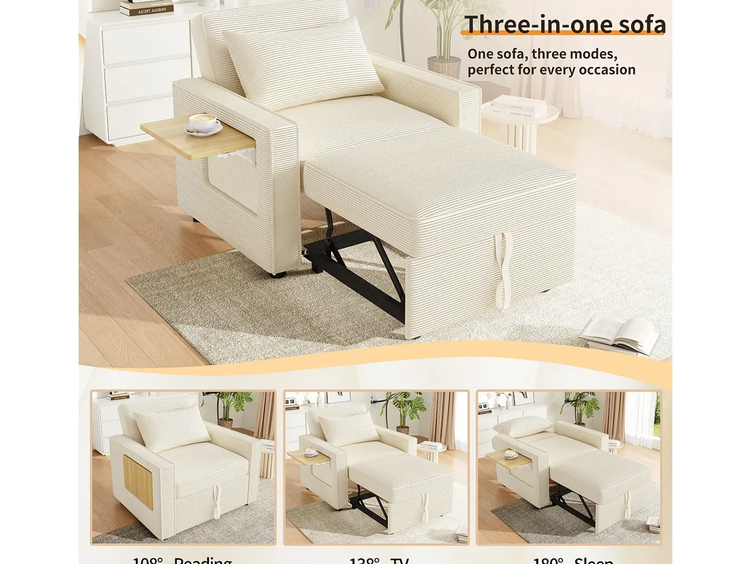 ModernLuxe Sofá dobrável multifuncional - com portas de carregamento USB - com suporte para telefone - Tecido de veludo cotelê -^ Poltrona