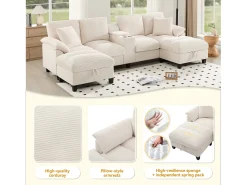Sofá*Merax Sofá em formato de U com 4 lugares, espaço de armazenamento, porta-copos e entradas USB - 293 x 142 x 93 cm - Veludo - Bege