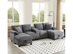 Merax Sofá em formato de U com 4 lugares, espaço de armazenamento, porta-copos e entradas USB - 293 x 142 x 93 cm - Veludo - cinza^ Sofá