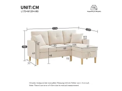 Sofá| Sofá em L com chaise longue e espaço de armazenamento. 3 lugares com porta-copos e 2 almofadas. Para sala de estar, escritório ou apartamento. Com vídeo. Bege