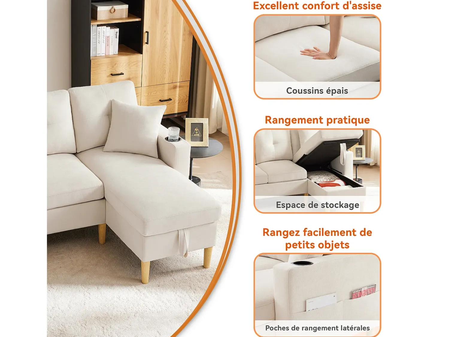 Sofá| Sofá em L com chaise longue e espaço de armazenamento. 3 lugares com porta-copos e 2 almofadas. Para sala de estar, escritório ou apartamento. Com vídeo. Bege