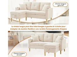 Sofá| Sofá em L com chaise longue e espaço de armazenamento. 3 lugares com porta-copos e 2 almofadas. Para sala de estar, escritório ou apartamento. Com vídeo. Bege