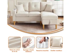 Sofá| Sofá em L com chaise longue e espaço de armazenamento. 3 lugares com porta-copos e 2 almofadas. Para sala de estar, escritório ou apartamento. Com vídeo. Bege
