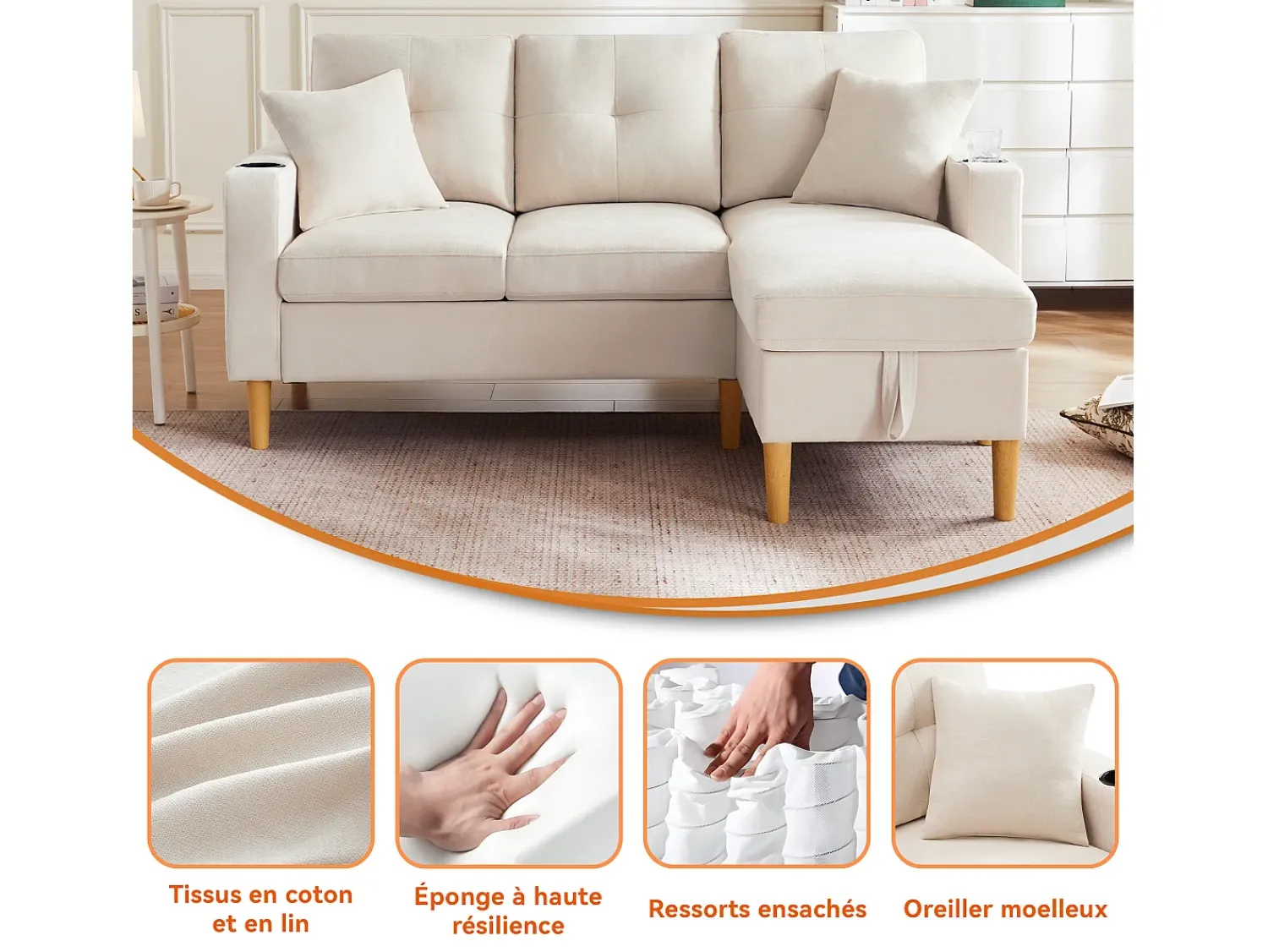 Sofá| Sofá em L com chaise longue e espaço de armazenamento. 3 lugares com porta-copos e 2 almofadas. Para sala de estar, escritório ou apartamento. Com vídeo. Bege