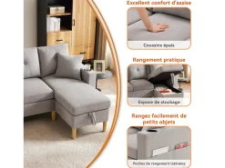 Sofá* Sofá em L com chaise longue, compartimento para arrumação, suporte para copos e 2 almofadas. Ideal para sala de estar, escritório ou apartamento. Inclui vídeo. Cinzento