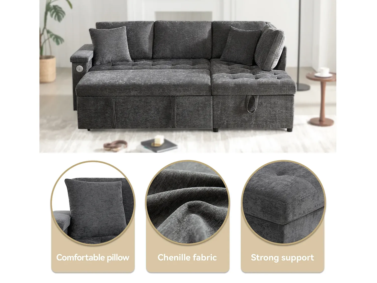 Sofá|ModernLuxe Sofá em L com sofá-cama arquivado - com espaço de armazenamento - carregamento USB - 2 almofadas - Cinza Cinzento