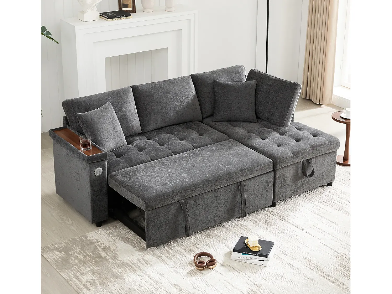Sofá|ModernLuxe Sofá em L com sofá-cama arquivado - com espaço de armazenamento - carregamento USB - 2 almofadas - Cinza Cinzento