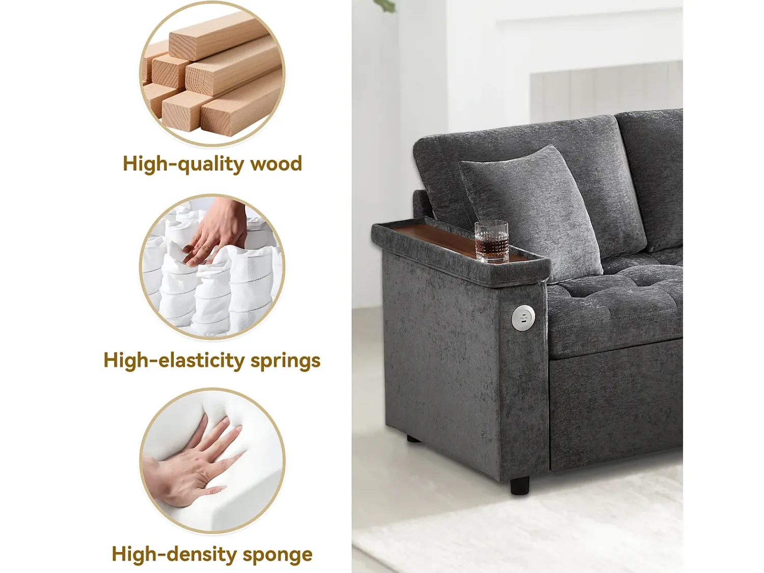 Sofá|ModernLuxe Sofá em L com sofá-cama arquivado - com espaço de armazenamento - carregamento USB - 2 almofadas - Cinza Cinzento