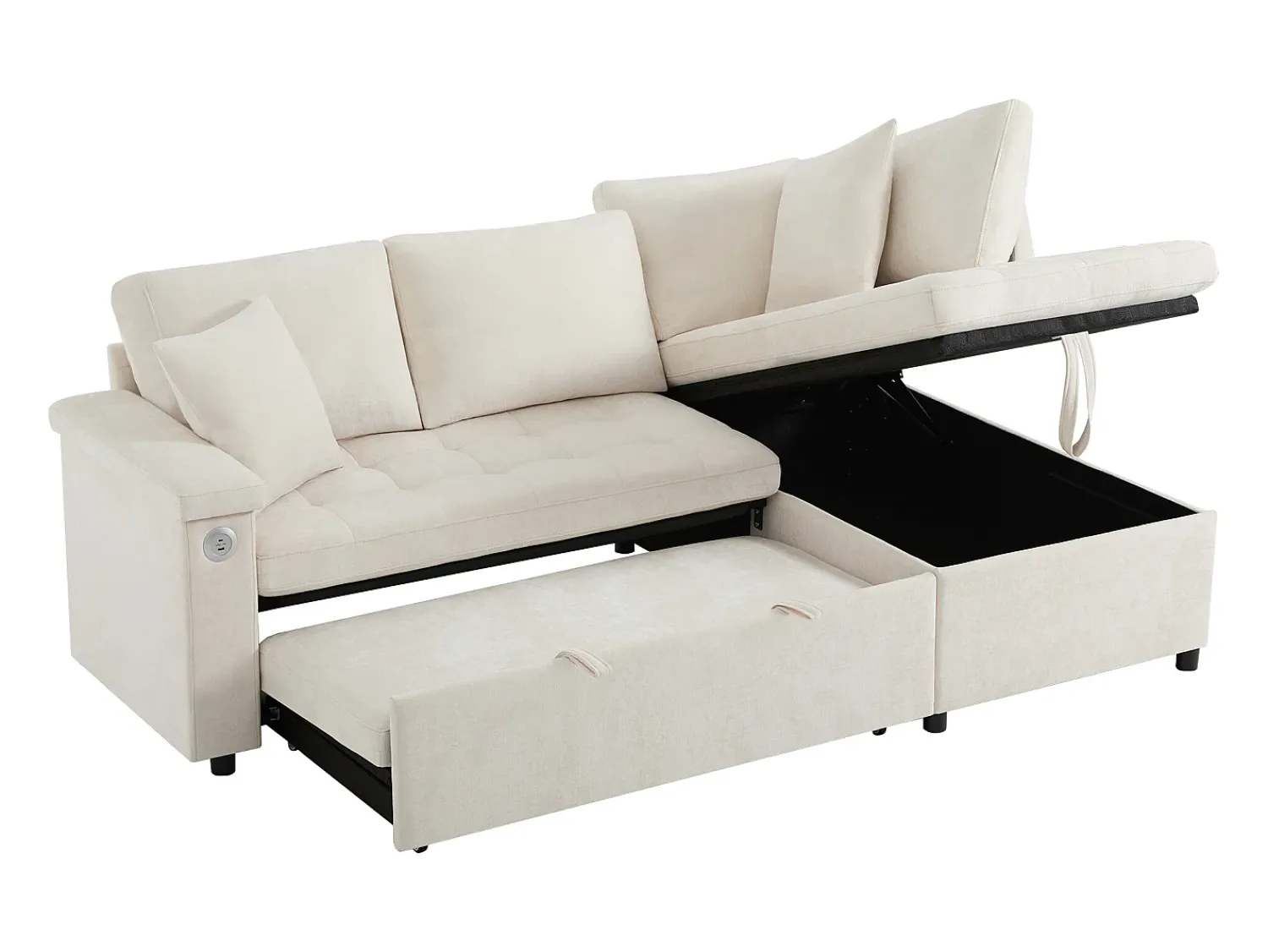 Hot ModernLuxe Sofá em L com sofá-cama arquivado - com espaço de armazenamento - carregamento USB - 2 almofadas - Bege