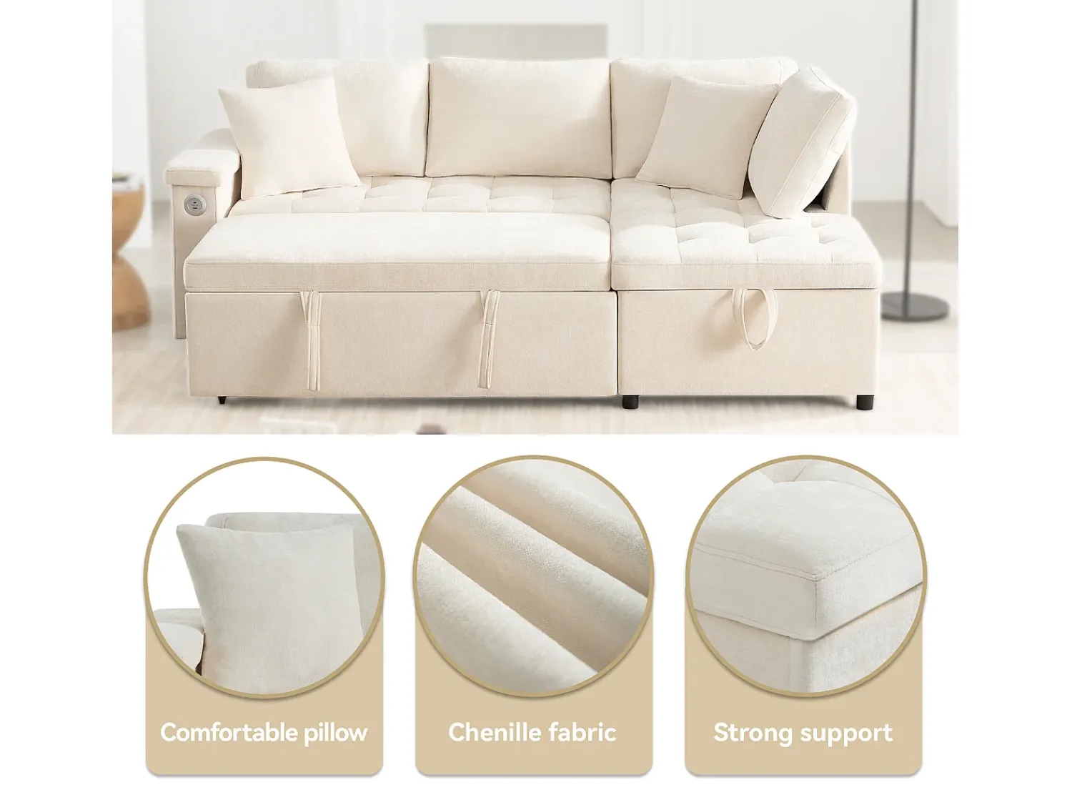 Hot ModernLuxe Sofá em L com sofá-cama arquivado - com espaço de armazenamento - carregamento USB - 2 almofadas - Bege