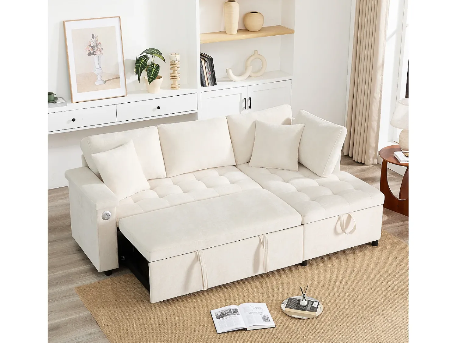 Hot ModernLuxe Sofá em L com sofá-cama arquivado - com espaço de armazenamento - carregamento USB - 2 almofadas - Bege