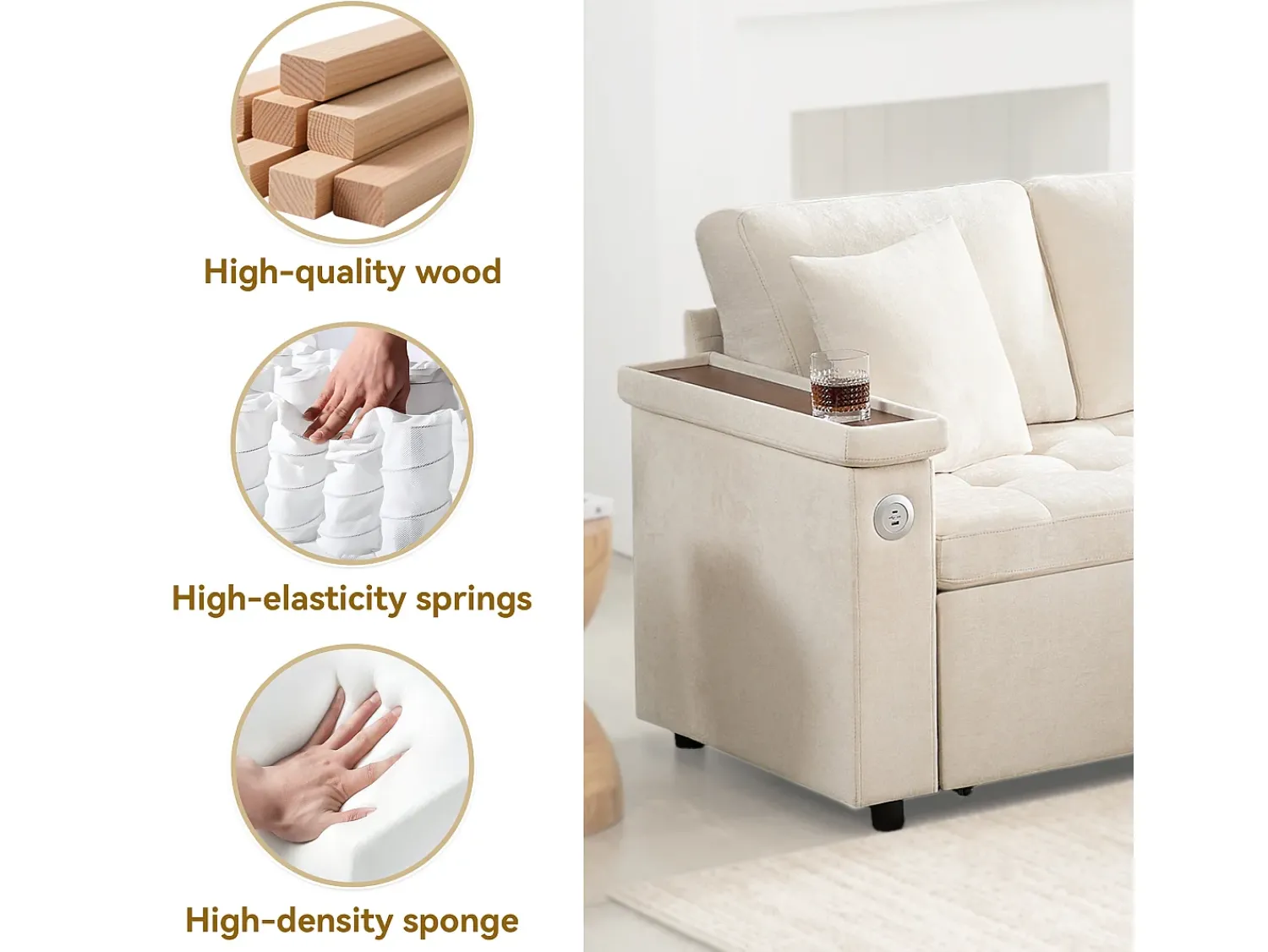 Hot ModernLuxe Sofá em L com sofá-cama arquivado - com espaço de armazenamento - carregamento USB - 2 almofadas - Bege