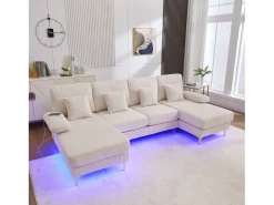 Hot Merax Sofá em U - 265 x 135 x 88 cm - com LEDs + porta USB-C + 4 almofadas - veludo - Bege