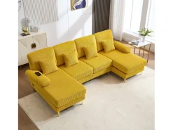 Sofá*Merax Sofá em U - 265 x 135 x 88 cm - com LEDs + porta USB-C + 4 almofadas - veludo - Amarelo