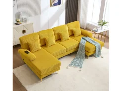 Sofá*Merax Sofá em U - 265 x 135 x 88 cm - com LEDs + porta USB-C + 4 almofadas - veludo - Amarelo