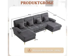 Clearance Merax Sofá em U - 265 x 135 x 88 cm - com LEDs + porta USB-C + 4 almofadas - veludo - cinza Cinzento
