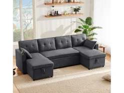 ModernLuxe Sofá em U 270x130x86 cm - Sofá acolchoado - Tecido de algodão e linho - Com porta-copos - Dois compartimentos de arrumação - Cinza^ Sofá