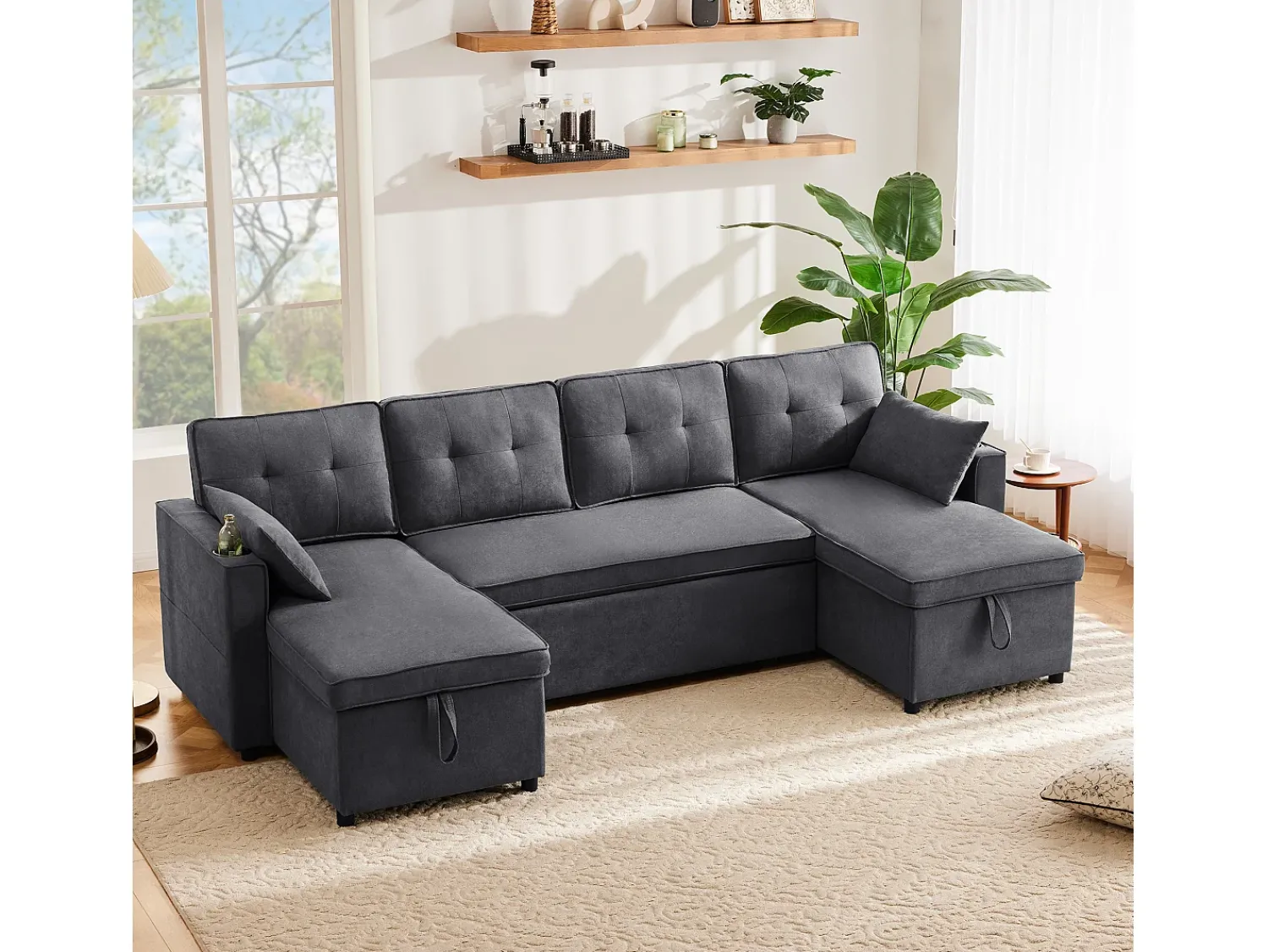 ModernLuxe Sofá em U 270x130x86 cm - Sofá acolchoado - Tecido de algodão e linho - Com porta-copos - Dois compartimentos de arrumação - Cinza^ Sofá