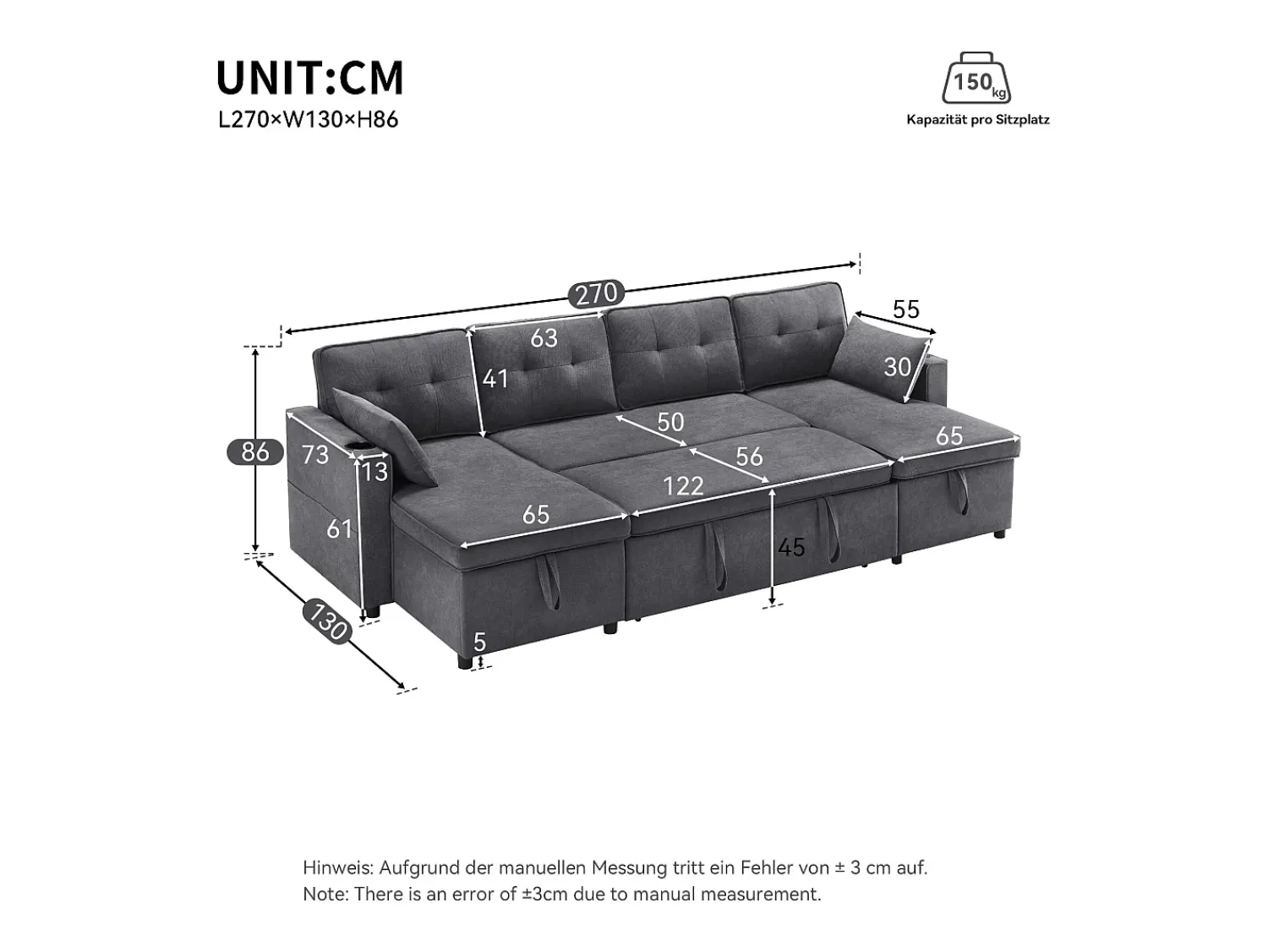 ModernLuxe Sofá em U 270x130x86 cm - Sofá acolchoado - Tecido de algodão e linho - Com porta-copos - Dois compartimentos de arrumação - Cinza^ Sofá