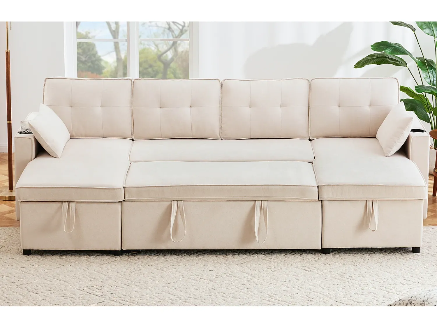 ModernLuxe Sofá em U 270x130x86 cm - Sofá acolchoado - Tecido de algodão e linho - Com porta-copos - Dois compartimentos de arrumação -^ Sofá
