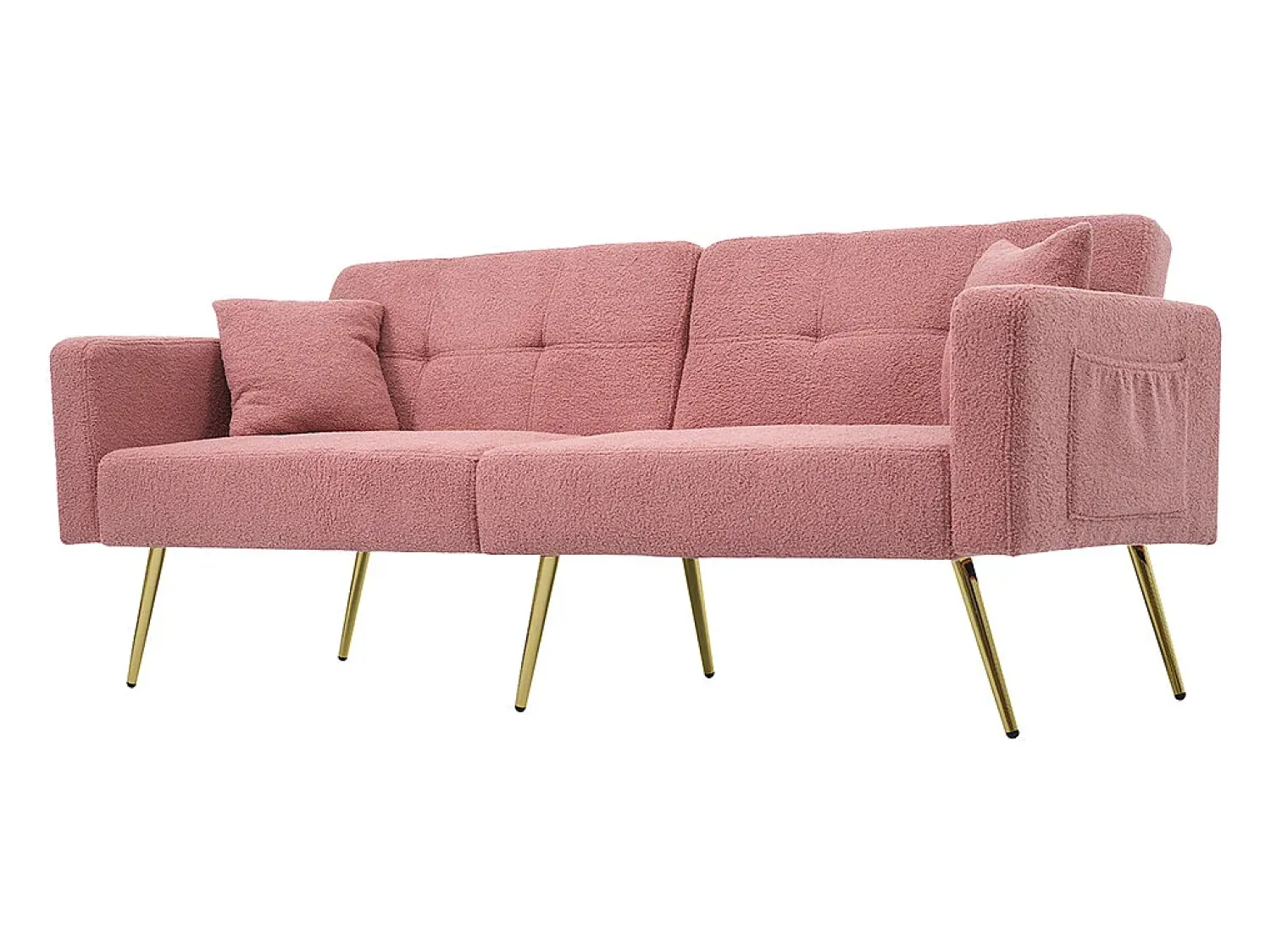 Sofá*KOMHTOM Sofá estofado com função de cama, ângulo regulável, pernas douradas com almofadas e bolsas de arrumação laterais Rosa