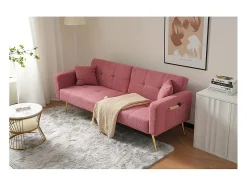 Sofá*KOMHTOM Sofá estofado com função de cama, ângulo regulável, pernas douradas com almofadas e bolsas de arrumação laterais Rosa