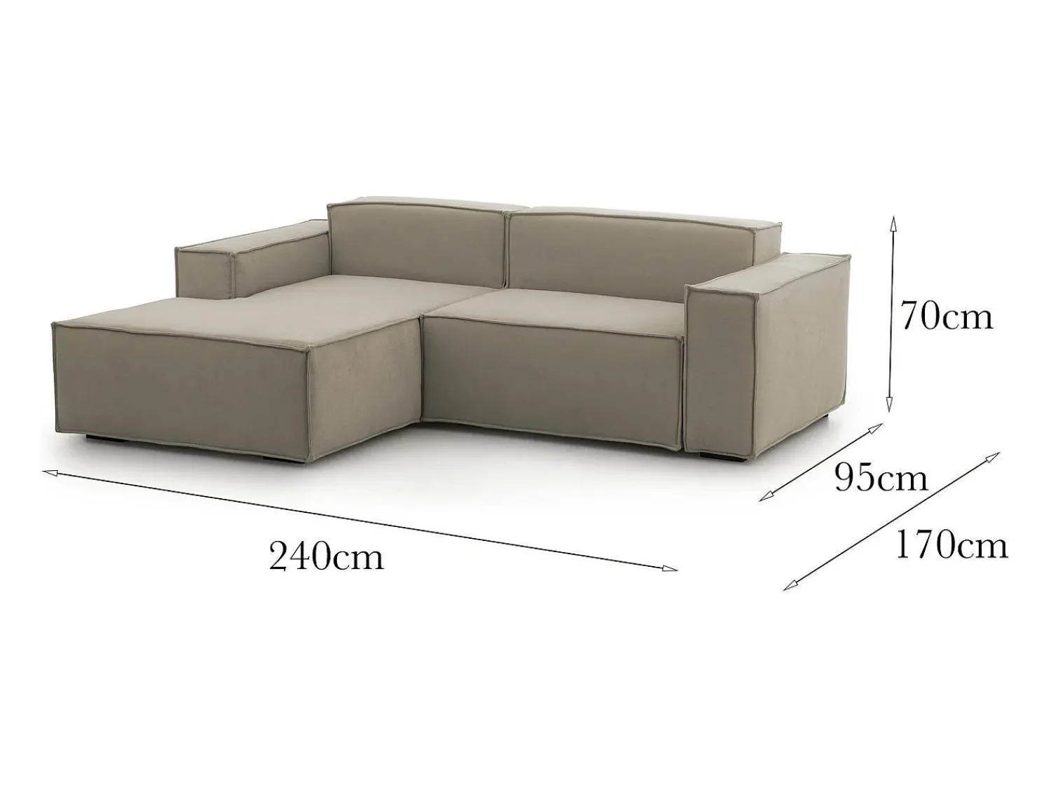 Sofá*Talamo Italia Sofá fixo Daniela, Sofá modular grande de 2 lugares com península esquerda, 100% Fabricado na Itália, Sofá de tecido moderno, 240x170h70 cm, Taupe Cinzento