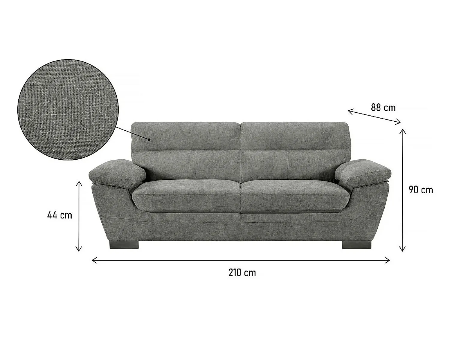 Hot Habitat et jardin Sofá fixo de tecido "Dallas" - 210 X 88 X 90 cm - 3 lugares - Cinza Cinzento
