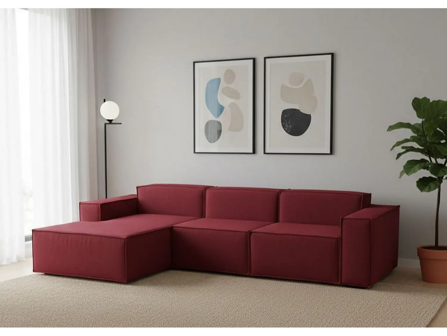 Sofá*Talamo Italia Sofá fixo Dflori, sofá modular de 3 lugares com península esquerda, 100% Fabricado na Itália, Sofá de tecido moderno, 300x170h70 cm, Vermelho
