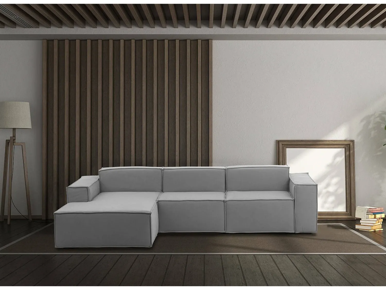 Talamo Italia Sofá fixo Dflori, sofá modular de 3 lugares com península esquerda, 100% Fabricado na Itália, Sofá de tecido moderno, 300x170h70 cm, Cinza^ Sofá