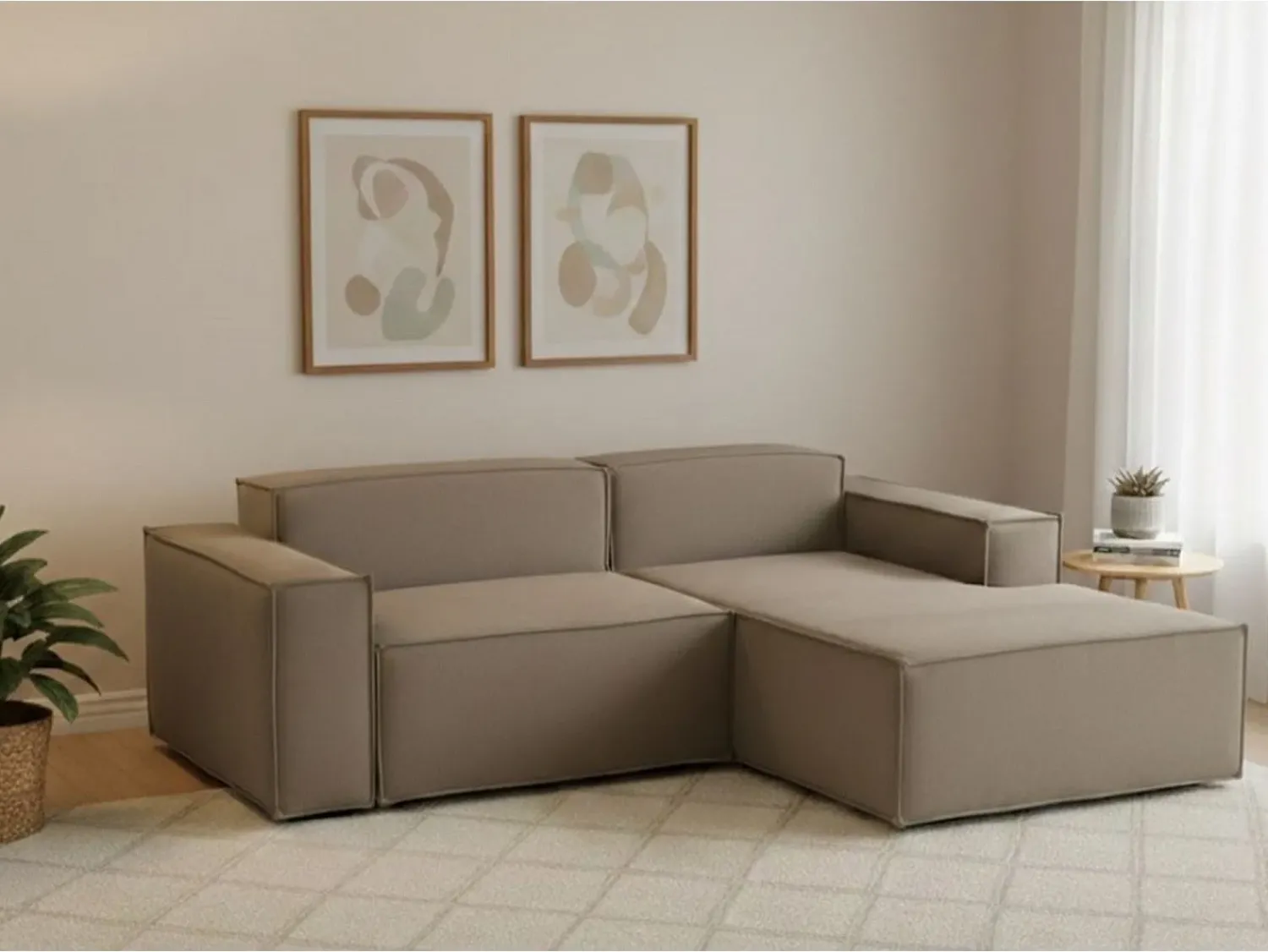 Talamo Italia Sofá fixo Dgatta, Sofá modular grande de 2 lugares com península direita, 100% Fabricado na Itália, Sofá de tecido moderno, 240x170h70 cm, Taupe Cinzento